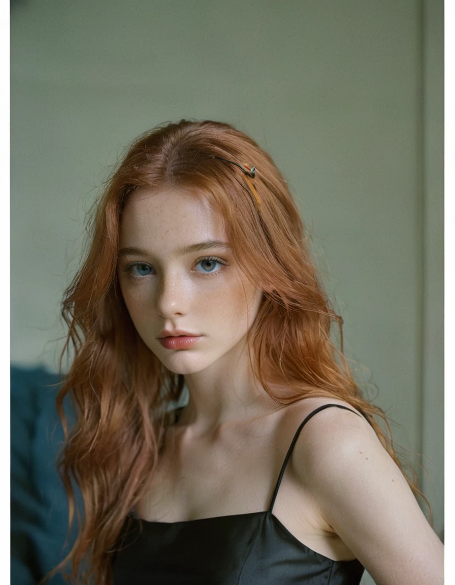 photoshoot, photo studio, RAW photo, editorial photograph, film stock photograph, cinematic, posing, amateur photo, upper body portrait, whole front head photo, analog, raw, f2, 35mm, an (amateur photo), flash photography, taken on an old camera, polaroid, 8k, highly detailed, (high quality, best quality:1.3), Extremely high-resolution, film grain, very long hair, picture of a beautiful young woman, NOT dasha_taran, sfw, ((natural orange hair)), long (waist-length:1.2) straight red hair, ((macro lens)), natural, ((focused on eyes)), blue eyes, black dress, solid pupils, realistic eyes in maximum detail, feminine expressions, photography, dslr, 35mm, Fujifilm Superia Premium 400, Nikon D850 film stock photograph, Kodak Portra 400 f1.6 lens, 8k, UHD, realistic skin, well cared skin, skin pores, closed mouth, fine small lips, facial symmetry, perfectly detailed face,