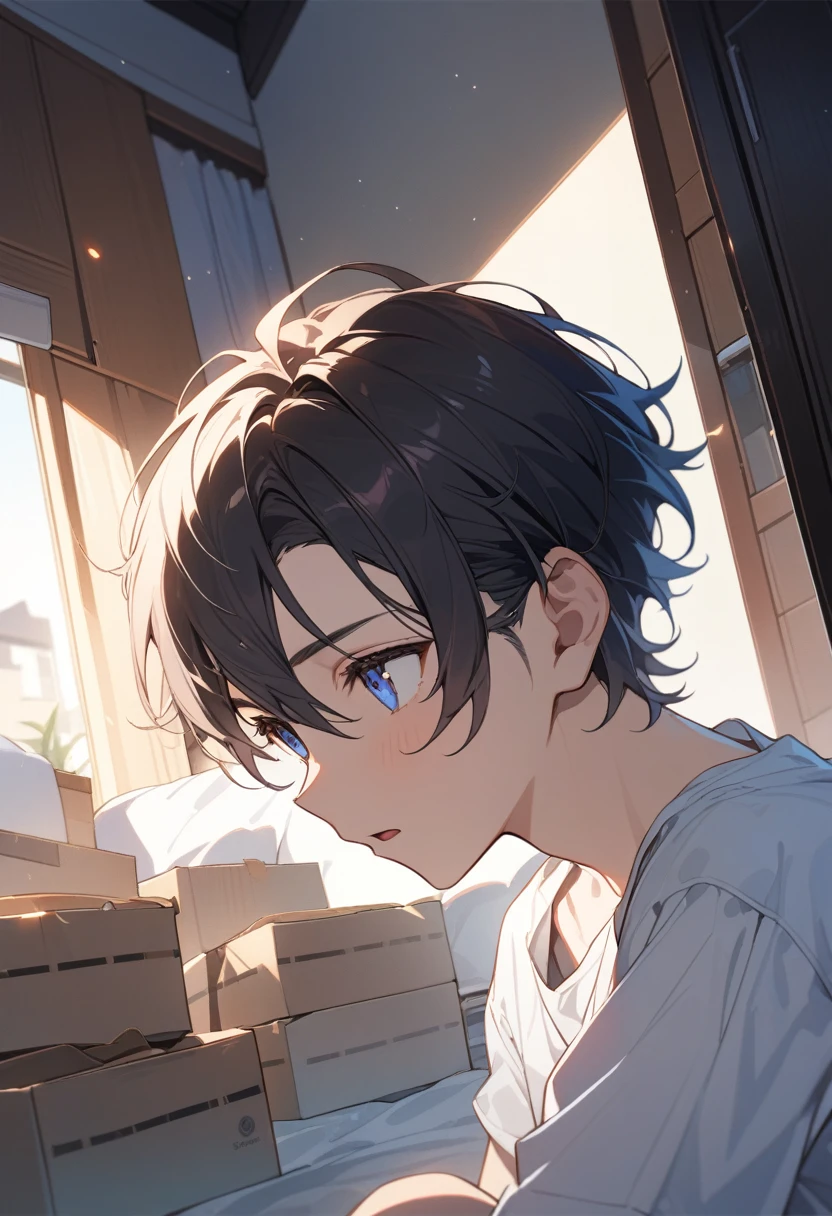 masterpiece, best quality, extremely detailed, ultra detailed, flat anime, 2D,
((1boy)),black hair, (short hair:1.5),blue eyes, height 1.7meters,  (circle eyes:1.2),  (young adult:1.2), Ear-length sideburns,
long Sleeves, White T-shirt, barefoot, 
squatting, looking away, expressionless,open mouth, portrait,from side, close up face,
summer, 12AM, livingroom,organizing the boxes., I'm looking at the material in my hand.