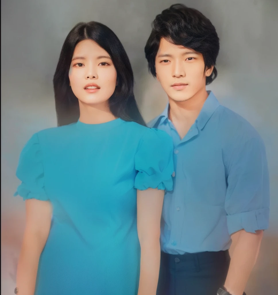 The man's shirt is light colored, his pants are black, and he has a watch on his left hand. The woman is wearing a light colored dress, her hair is black, and she is wearing a watch on her right hand. Both are a couple. The back ground is an old one.