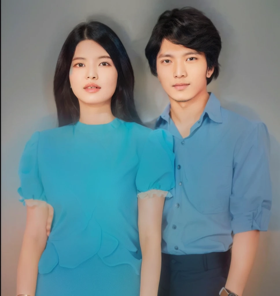 The man's shirt is light colored, his pants are black, and he has a watch on his left hand. The woman is wearing a light colored dress, her hair is black, and she is wearing a watch on her right hand. Both are a couple. The back ground is an old one.