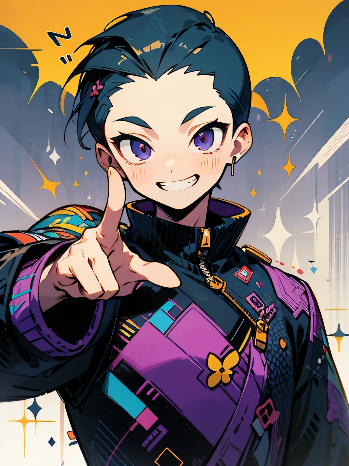 (chibi),solo1man,purple buzz cut,big forehead,male's eyes, male's nose, male's mouth,handsome face, manly, grin,black pattern clothe,(model pose:1.2),Thinking gesture,