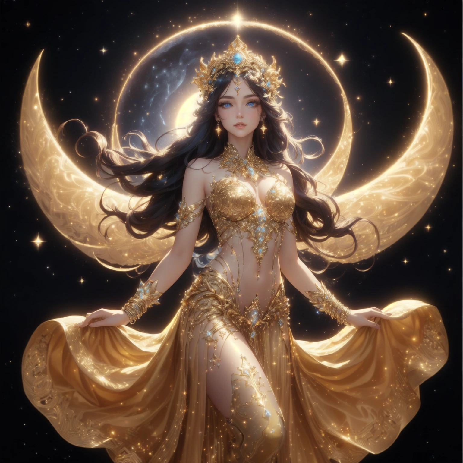 A woman in a golden dress stands in front of a starry sky., celestial goddess, beautiful heavenly mage, gorgeous goddess of leo, Argerm Julie Bell Beeple, goddess of light, moon goddess, as the goddess of the sun, , goddess. Very high detail, goddess of the sun, lunar goddess , Saw the navel. , star background , , , blue eyes , thighs and stockings , Decorated with exquisite gold-colored thighs , gold anklet , , high definition , high resolution , The set is filled with cosmic energy. , Clear set in the gold network brand , Waist jewelry , black stockings , head cover