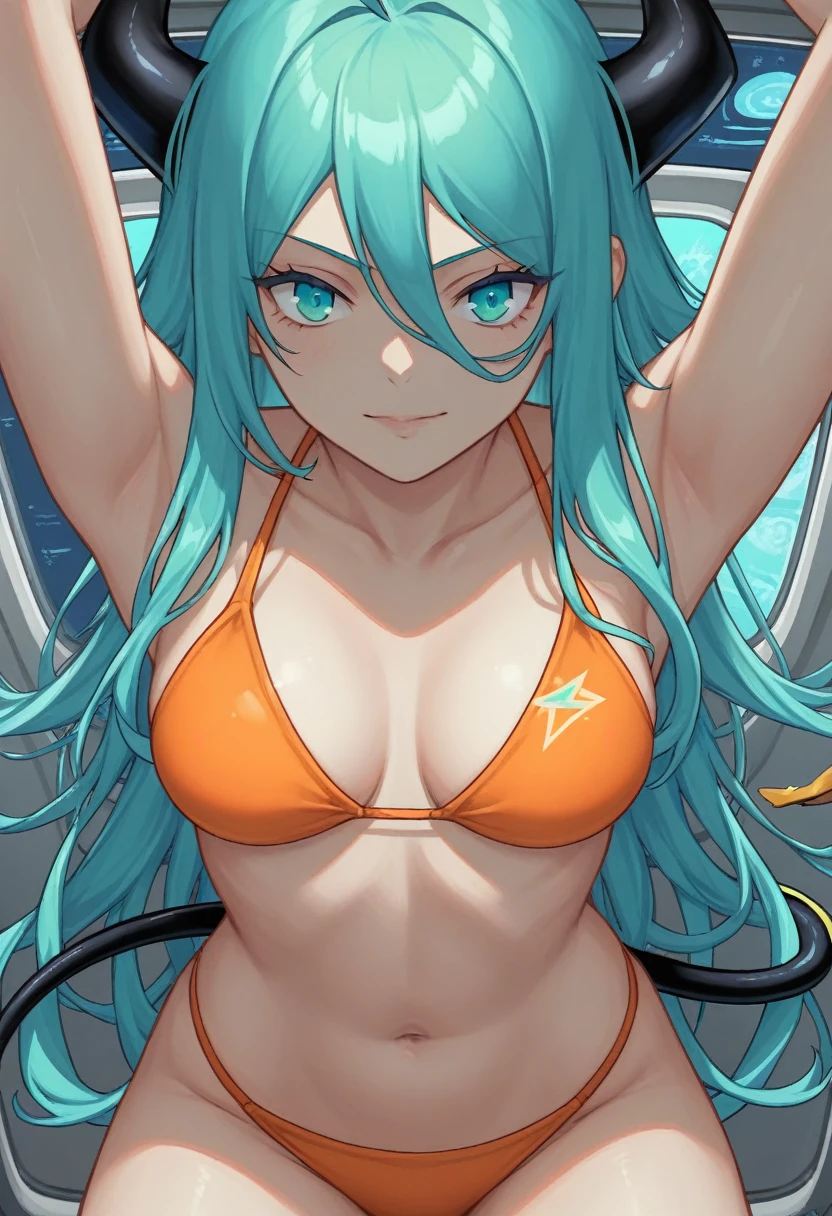 score_9, score_8_up, score_7_up,1 daemon woman, black  horns, black demon tail, (aquamarine hair),aquamarine green color hair,ahoge, long hair, (long hair),bangs, light orange bikini, bikini is orange, bikini orange, orange bikini!, (aquamarine eyes), background is spaceship, aquamarine eyes, 1woman ,facing viewer, daemon girl,  close up,Well-endowed, alone, Spacecraft interior, sexy pose