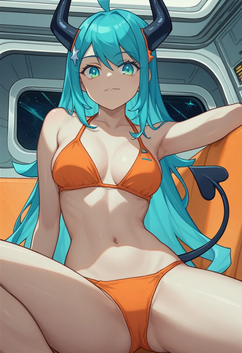 score_9, score_8_up, score_7_up,1 daemon woman, black  horns, black demon tail, (aquamarine hair),aquamarine green color hair,ahoge, long hair, (long hair),bangs, light orange bikini, bikini is orange, bikini orange, orange bikini!, (aquamarine eyes), background is spaceship, aquamarine eyes, 1woman ,facing viewer, daemon girl,  close up,Well-endowed, alone, Spacecraft interior, sexy pose