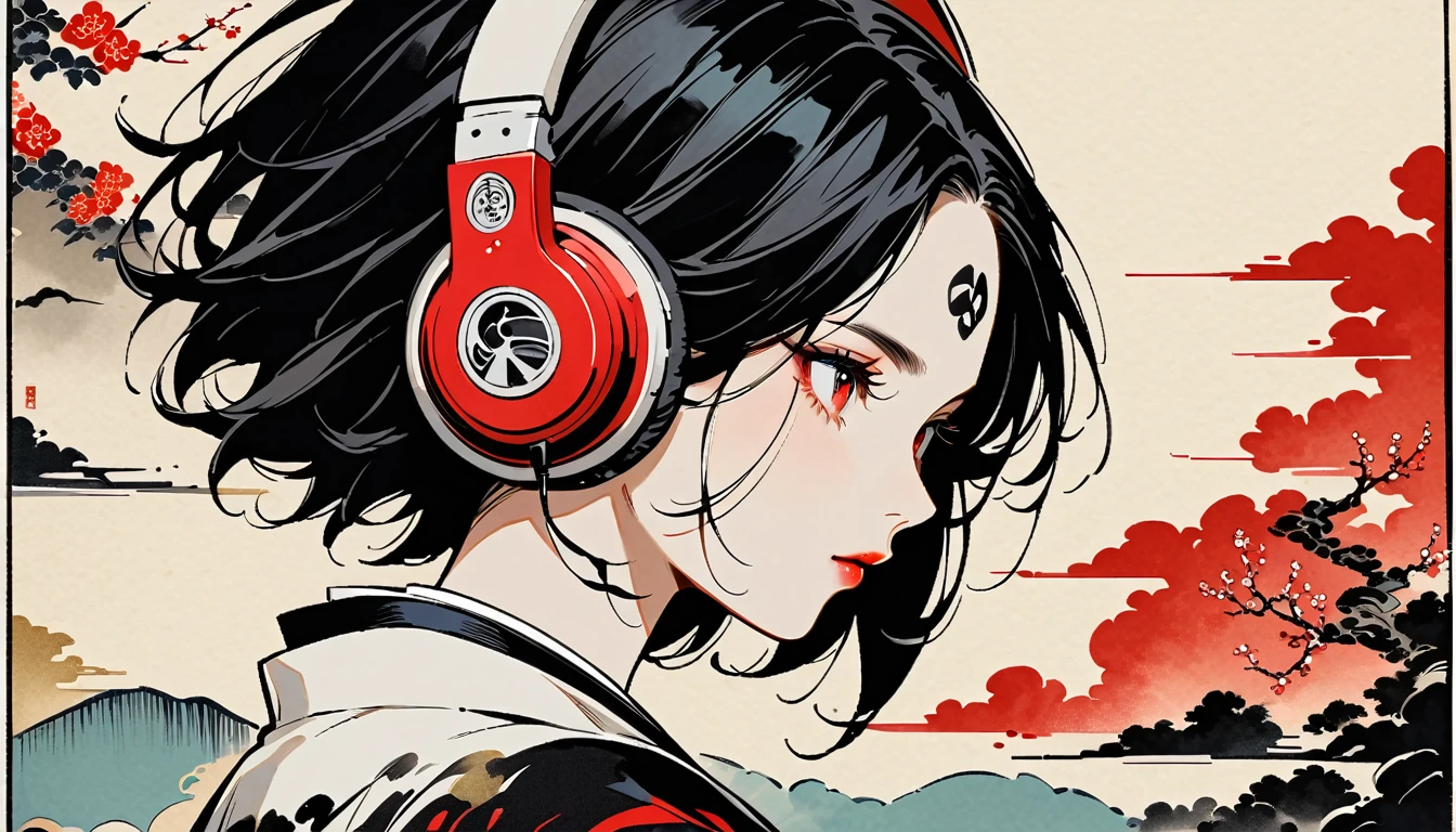 japanese kabuki, Red Eyes, Ink Painting, 1 girl, tattoo, Japanese style headphones, beautiful girl, Black Hair, peace, Delicate and precise, Modern ukiyo-e style, Multicolored background