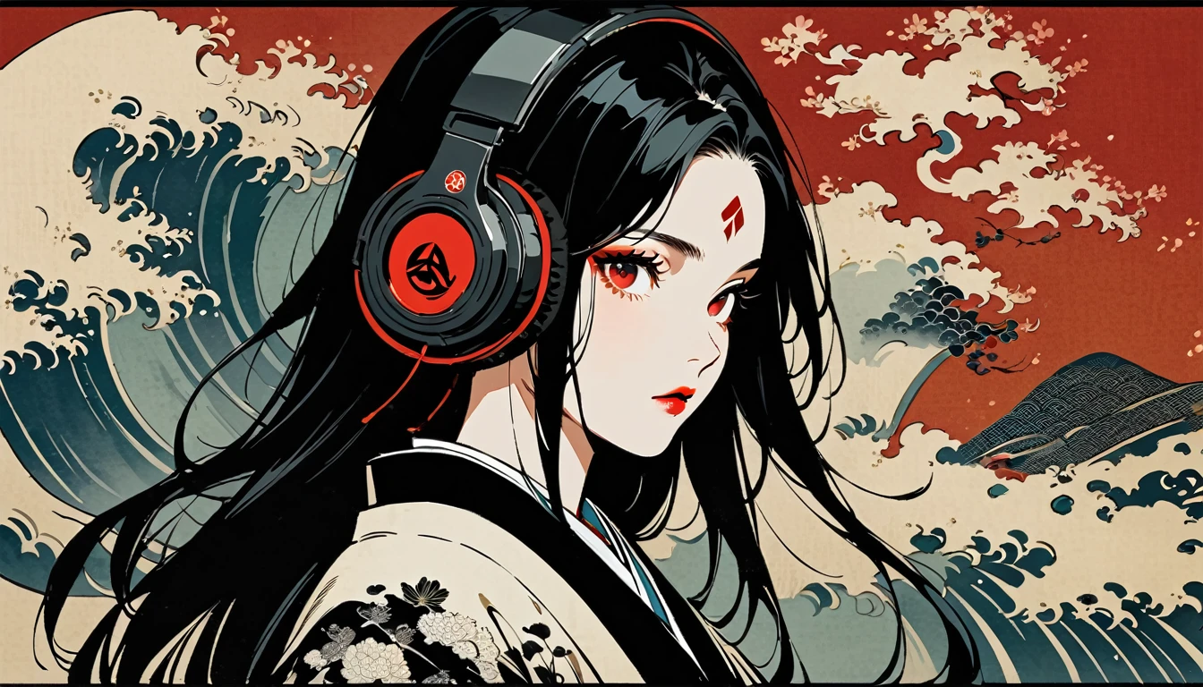 japanese kabuki, Red Eyes, Ink Painting, 1 girl, tattoo, Japanese style headphones, beautiful girl, Black Hair, peace, Delicate and precise, Modern ukiyo-e style, Multicolored background