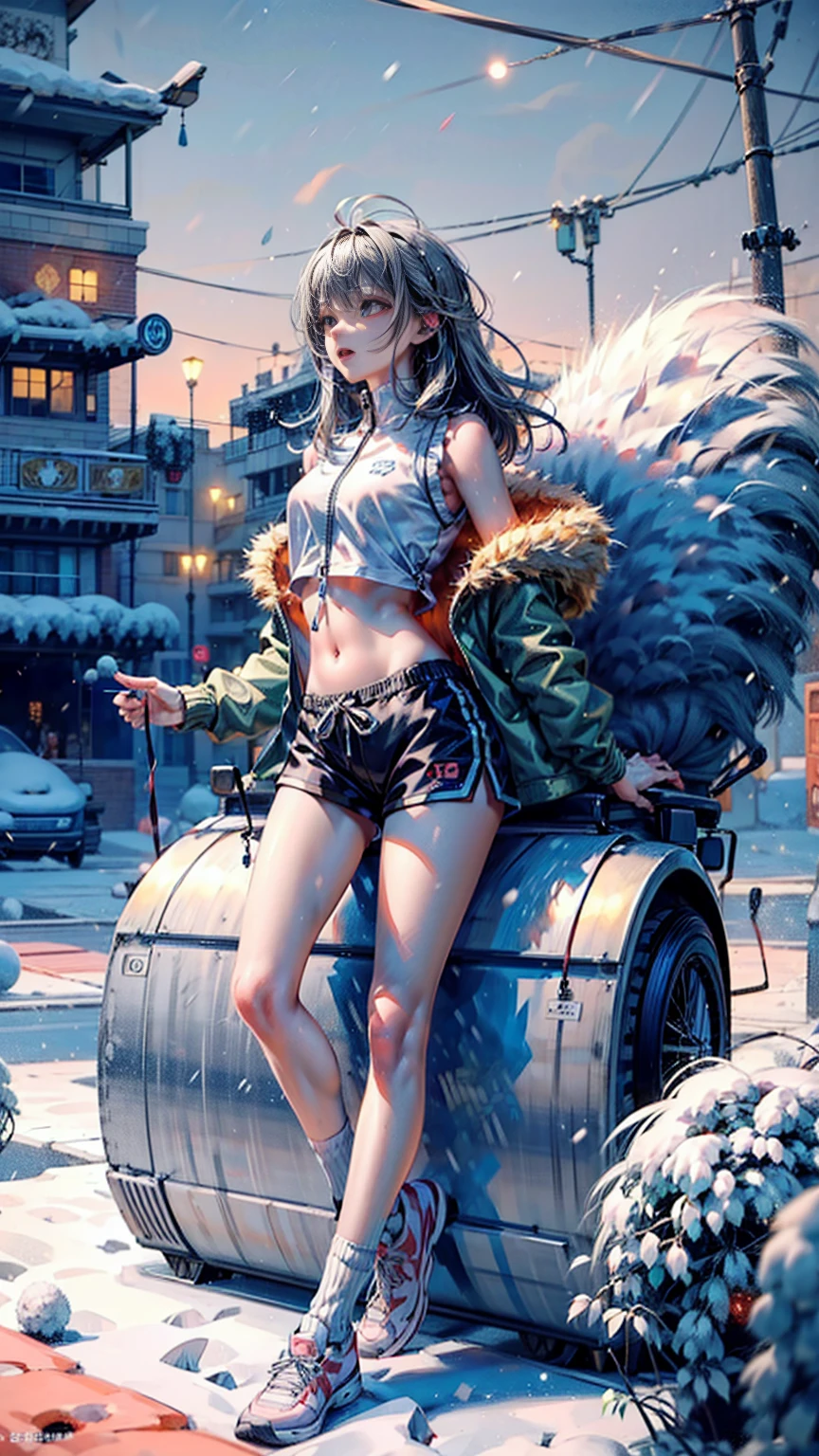 girl，16 years old，of，Medium chest，Waistcoat，Thin waist，Vest line，Gray sweatshirt jacket，White sports shorts，Thin legs，Thin legs，Legs straight，瘦of，White sports socks，snow，Snow
