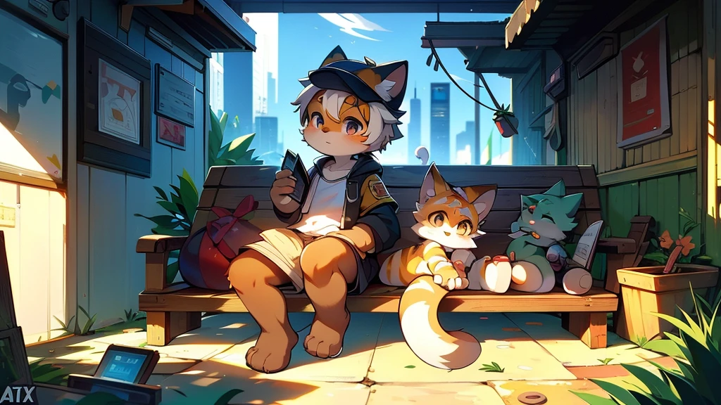 A cartoon style painting,The painting shows a kitten wearing a hat sitting on a bench,Reading,Wearing stylish fursona, Cat girl, Cute cat, Anthropomorphic cats, Hot topics on artstation pixiv, Full body high-grade white, High-quality anime art style, High resolution cargo, Anthropomorphic cats, High Quality Fan Art, Anthropomorphic cyberpunk kitten:tall and big,