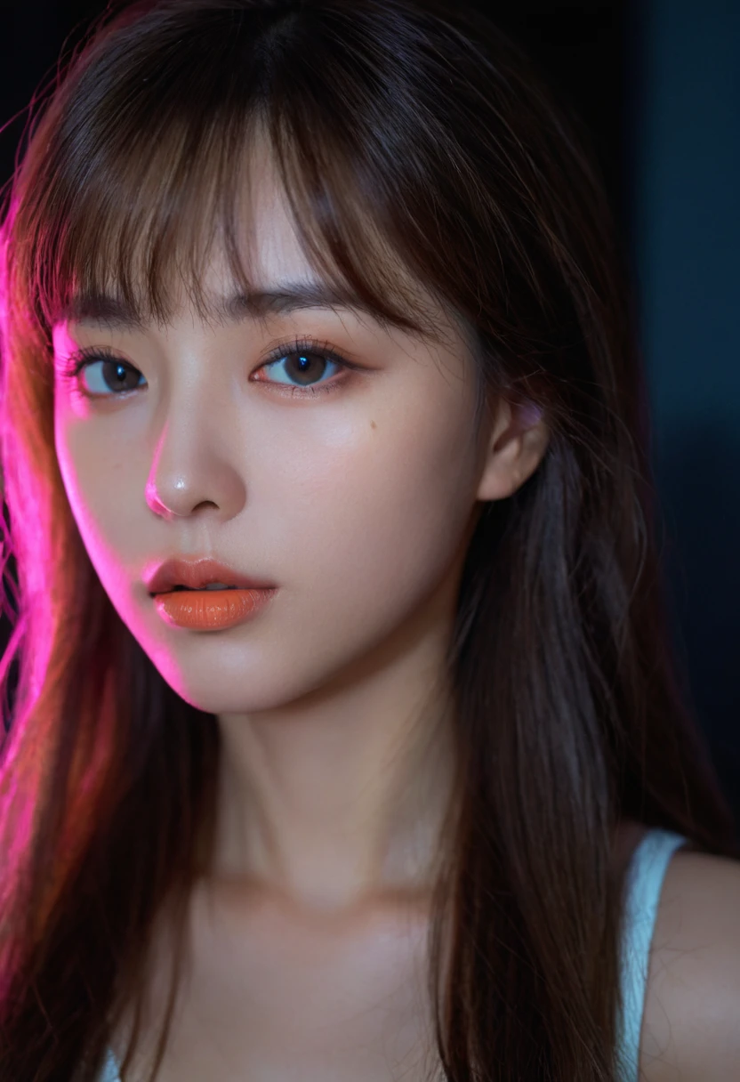 8k, best quality, 1 Girl, (Skin Indentation), night, (dark), Indoor clear background, (people), Beautiful bangs, Gorgeous,, (Clothing and:1.3),Soft lighting, attractive, dark Room, (mouth close:1.2, beautiful eyes, Delicate eyes, Detailed iris, Beautiful lips, Beautiful nose, Pretty Face),(primary color:1.5)，(Ambient Light:1.5)，(Neon light:1.8),(Radioluminescence:1.3)