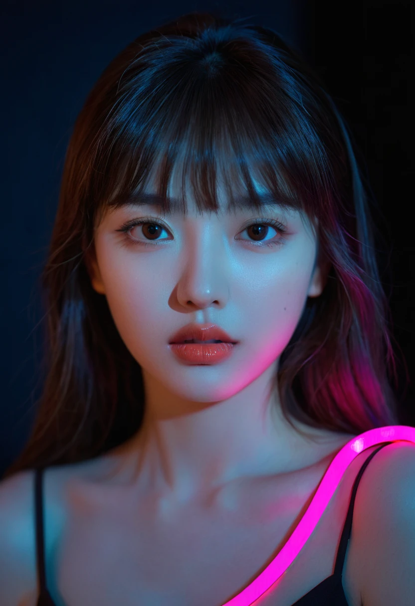 8k, best quality, 1 Girl, (Skin Indentation), night, (dark), Indoor clear background, (people), Beautiful bangs, Gorgeous,, (Clothing and:1.3),Soft lighting, attractive, dark Room, (mouth close:1.2, beautiful eyes, Delicate eyes, Detailed iris, Beautiful lips, Beautiful nose, Pretty Face),(primary color:1.5)，(Ambient Light:1.5)，(Neon light:1.8),(Radioluminescence:1.3)