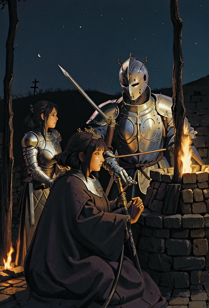 2 knight medieval bonfire in night