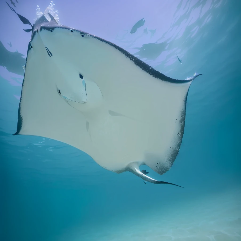 araffe in the ocean with a Manta Ray in the water, Manta Ray, stingLight, stingray, demon Light, Manta Ray made of pancake, jill stingray, View from below, Light, bottom side, Shot from below, Brian Scully, Underwater side, moonLight, reflections ray, Watch from below, author：Robert Jacobson, author：Hans Werner Schmidt