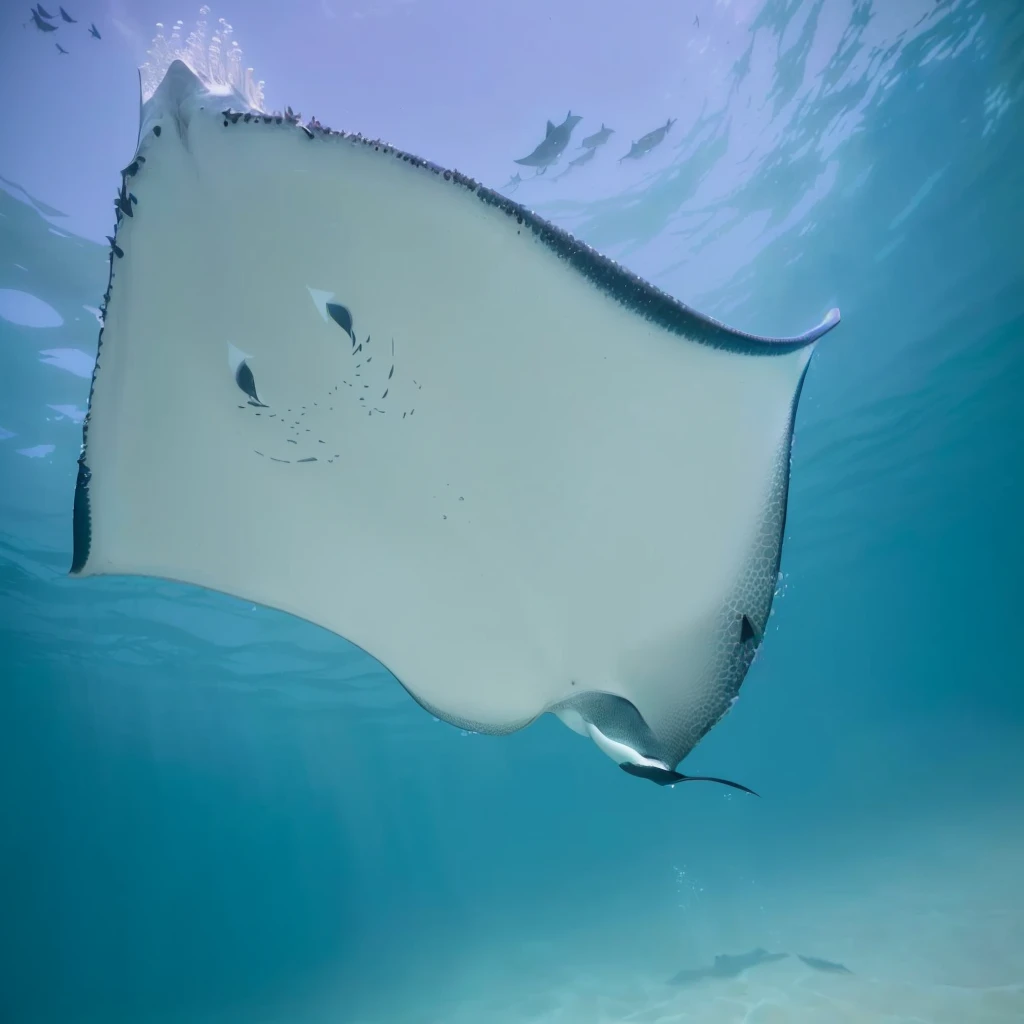 araffe in the ocean with a Manta Ray in the water, Manta Ray, stingLight, stingray, demon Light, Manta Ray made of pancake, jill stingray, View from below, Light, bottom side, Shot from below, Brian Scully, Underwater side, moonLight, reflections ray, Watch from below, author:Robert Jacobson, author:Hans Werner Schmidt