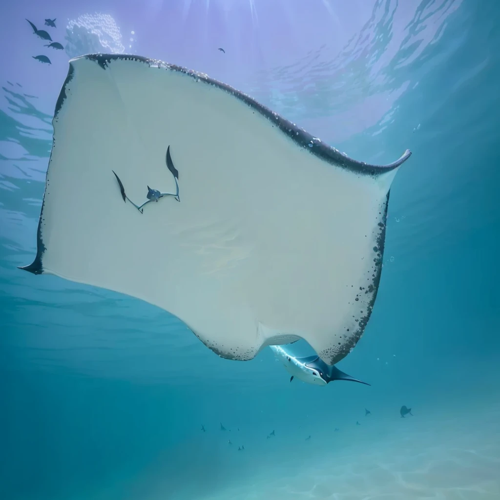 araffe in the ocean with a Manta Ray in the water, Manta Ray, stingLight, stingray, demon Light, Manta Ray made of pancake, jill stingray, View from below, Light, bottom side, Shot from below, Brian Scully, Underwater side, moonLight, reflections ray, Watch from below, author:Robert Jacobson, author:Hans Werner Schmidt