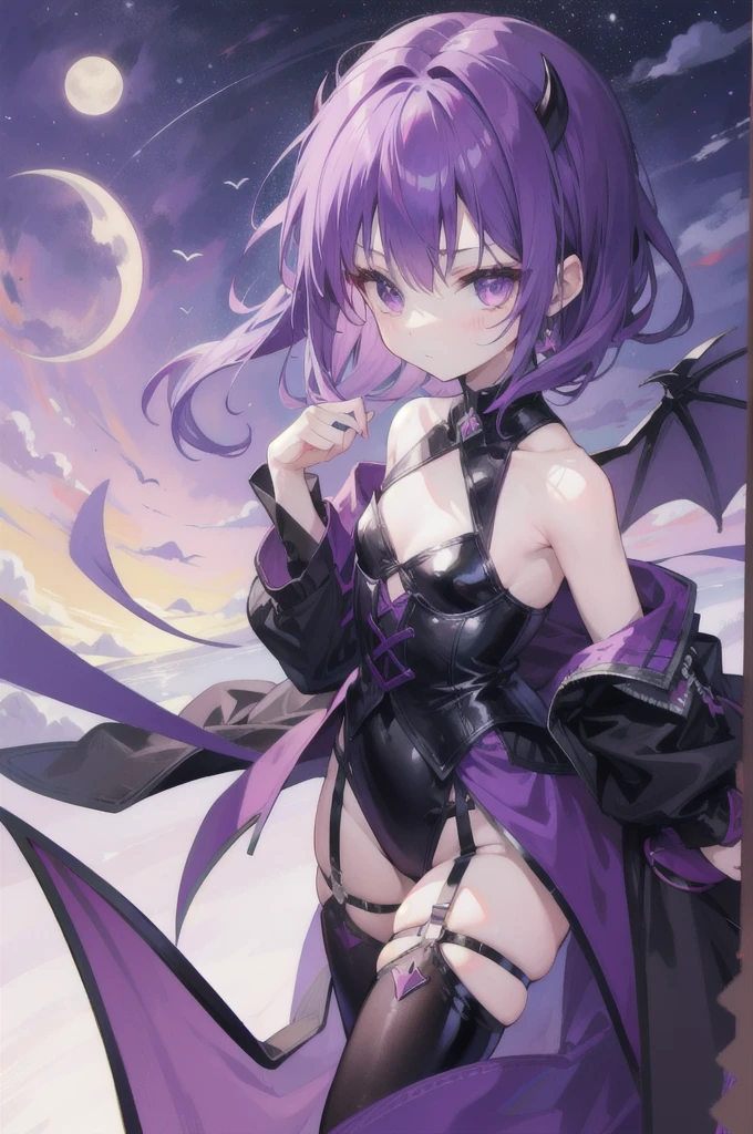 purplehair,Small devil,Tiny tall,Moon in the background,devil,