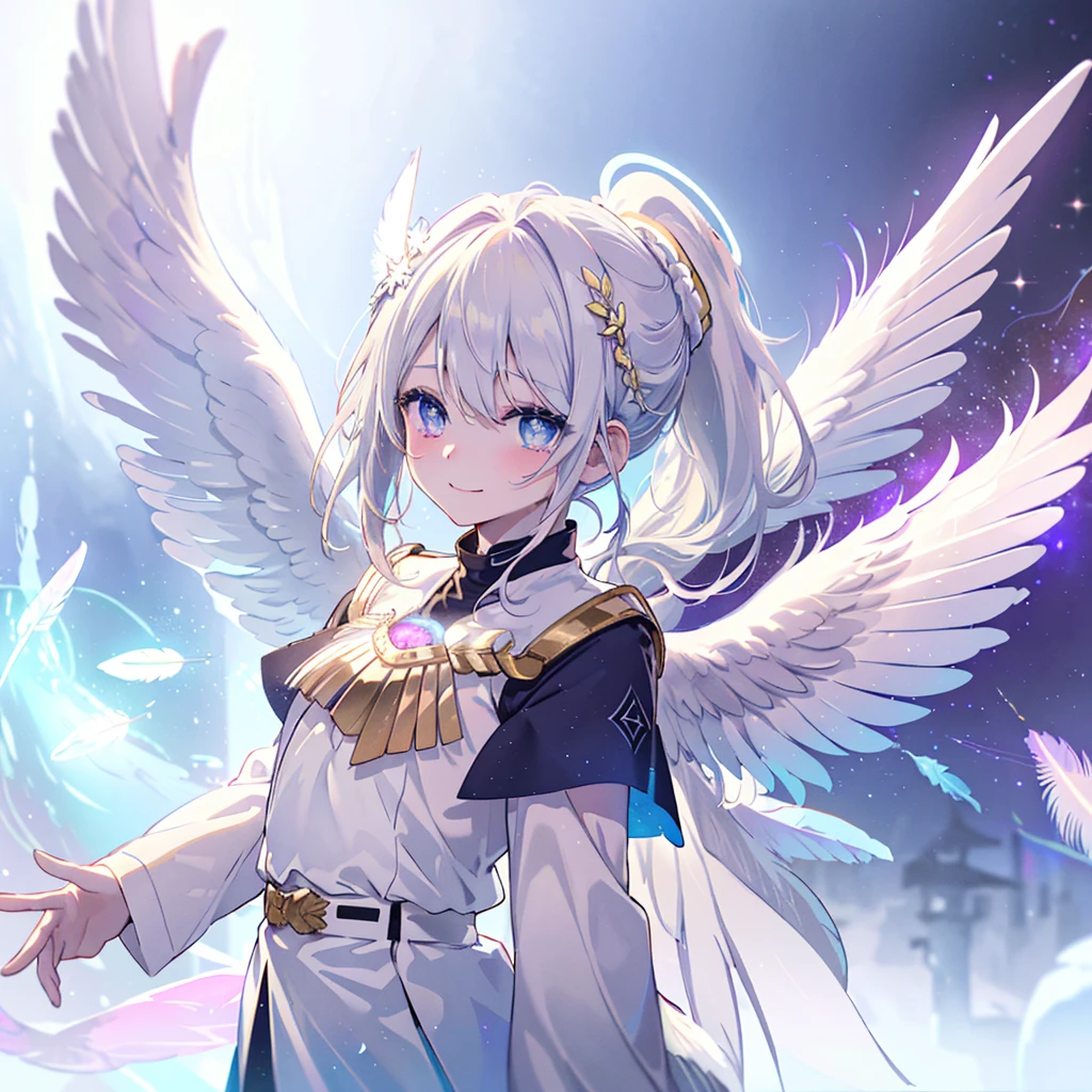((((Archangel、4Feathers、Angel Halo Galaxy Background)))) (((uniform White Hair、ponytail White skin、Neon blue eyes、Pop stareteors))) ((Pillar of Light)) (Tears smile) Shining Edge、Shining Background