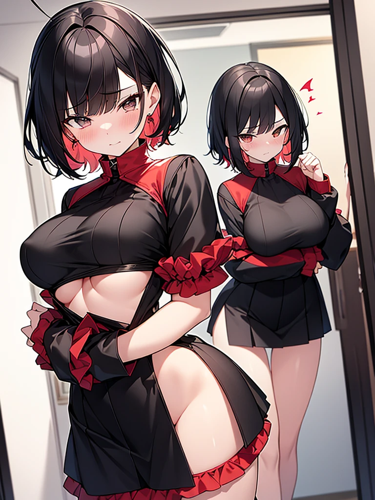 NSFW Standing pose Anime drawing with vivid colors Tall woman:1.9 Black and red idol-style sexy cosplay costume miniskirt Fluttering multiple frill skirt Troubled face Glaring Frowns Tears Blushed cheeks Night:1.3 Apartment bedroom, white sheets, short black hair, ponytail:1.9 Straight hair, bangs swept to the side:1.9. Slanted eyes, brown eyes, tall, big breasts, strong-willed, beautiful