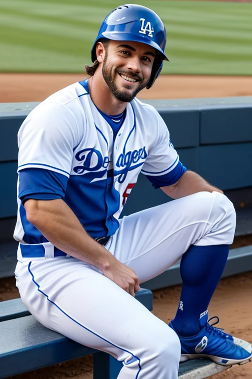 Muscular Roman Todd with facial hair wears LA Dodger baseball uniform, high blue socks, black cleats, blue batting gloves, bulge crotch, short cut hair, baseball helmet, smile, sitting on a bench, full body view