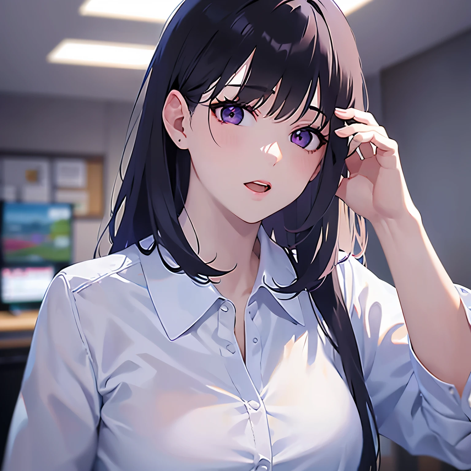 (hand on own face:1.3), Upper Body, Realistic, real person, (pale skin: 1.2), RAW photo, photorealistic, shiny skin, shiny hair、(A 25-year-old woman with straight hair and bangs) and (medium hair) and (black hair) and (purple eyes) , (business suit:1.5) and (white collared shirt)、Serious expression, open mouth, The background is the conference room、Alone、Are standing