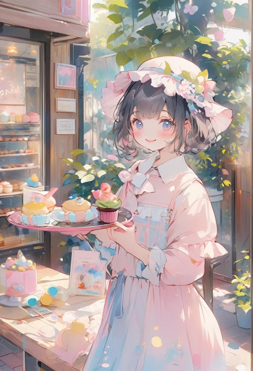 anime smiling girl in a pink dress holding a tray of cupcakes, lofi girl, guweiz, guweiz on pixiv artstation, artwork in the style of guweiz, anime visual of a cute girl, mysterious coffee shop girl, anime aesthetic, guweiz on artstation pixiv, lofi portrait, lofi girl aesthetic