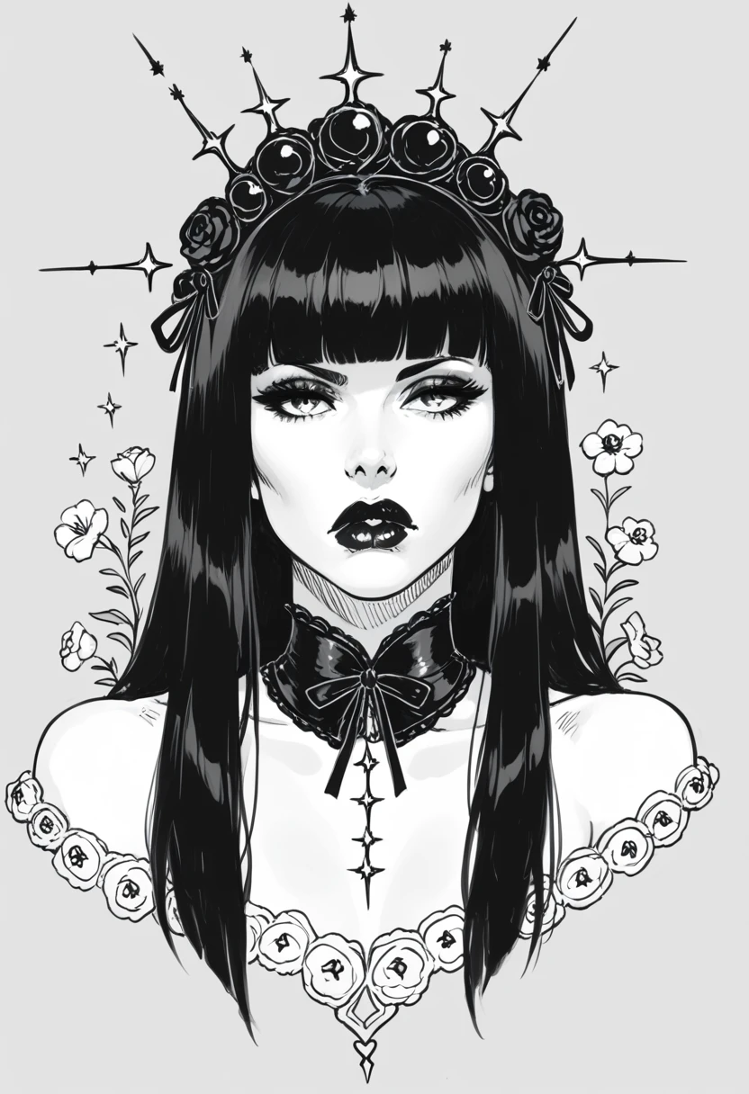 score_9, score_8_up, score_7_up, score_6_up, sp1t, monochrome, Hyper detailed hatching, pale, smooth skin, hair over both eyes, long straight black hair, blunt bangs, full lips, slender physique, lolita fashion, black lips, scowl, centered