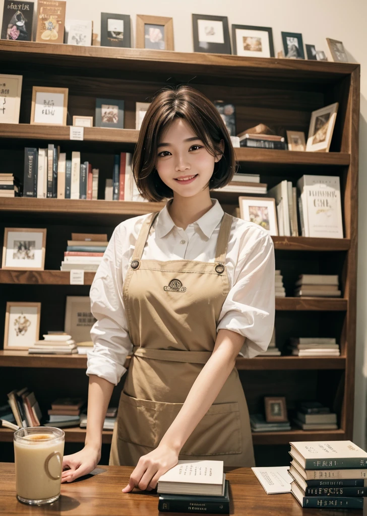 Diffuse lighting、 Highest quality, High resolution, unity 8k wallpaper、Supersaturation, Japanese、1 female、23 years old、Highest quality、8k、超High resolution、Clear photos、Professional Lighting、adult、Very short hair、smile、Ultra slim、Tight waist、Slender body、Medium Hair、Brown Hair、Bookstore clerk、Put on an apron、Many books、Bookshelf、magazine、Bookstore、I'm working、Upper body close-up、