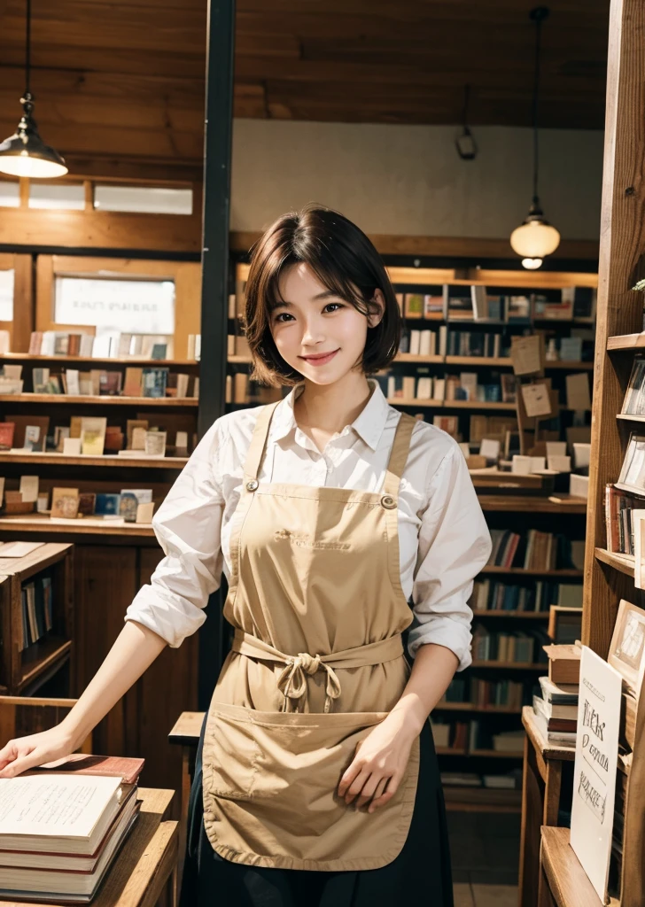 Diffuse lighting、 Highest quality, High resolution, unity 8k wallpaper、Supersaturation, Japanese、1 female、23 years old、Highest quality、8k、超High resolution、Clear photos、Professional Lighting、adult、Very short hair、smile、Ultra slim、Tight waist、Slender body、Medium Hair、Brown Hair、Bookstore clerk、Put on an apron、Many books、Bookshelf、magazine、Bookstore、I'm working、Upper body close-up、