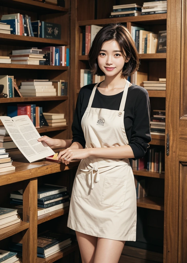 Diffuse lighting、 Highest quality, High resolution, unity 8k wallpaper、Supersaturation, Japanese、1 female、23 years old、Highest quality、8k、超High resolution、Clear photos、Professional Lighting、adult、Very short hair、smile、Ultra slim、Tight waist、Slender body、Medium Hair、Brown Hair、Bookstore clerk、Put on an apron、Many books、Bookshelf、magazine、Bookstore、I'm working、Upper body close-up、