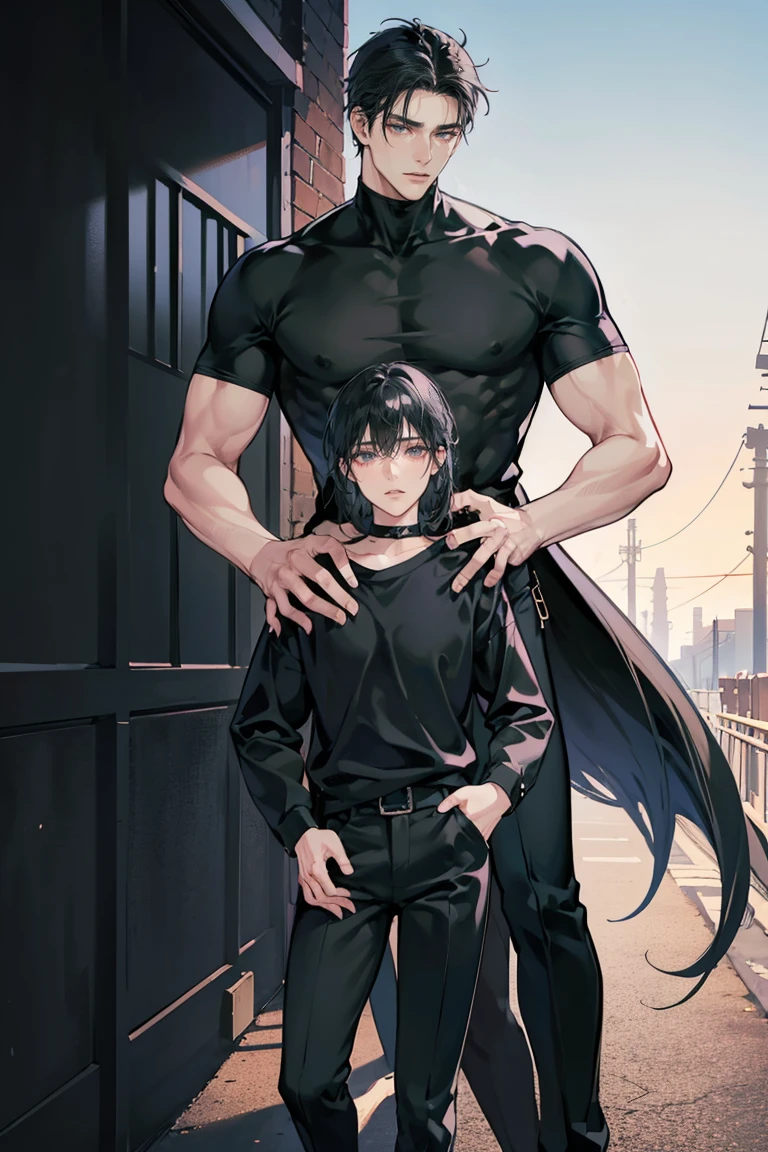 anime - (masterpiece), best quality, seductive eyes, mature face, black eyes, mid length slicked back black haircut, plain black t shirt, black pants, tall man, long legs, masculine, massive body, adult-like, full body, bad boy, there's a tall long black haired woman in the background hugging him