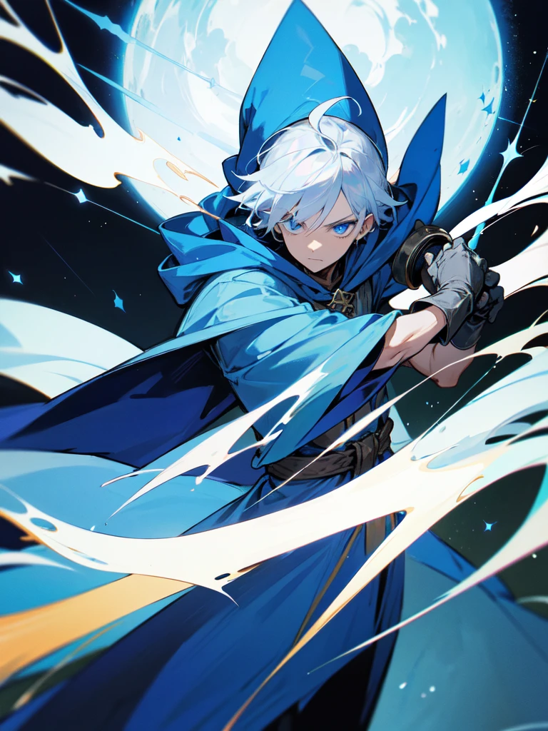 Wizard man, he has a silver hair and blue eyes, he wear a hood and wear gloves , hold sword with hand.