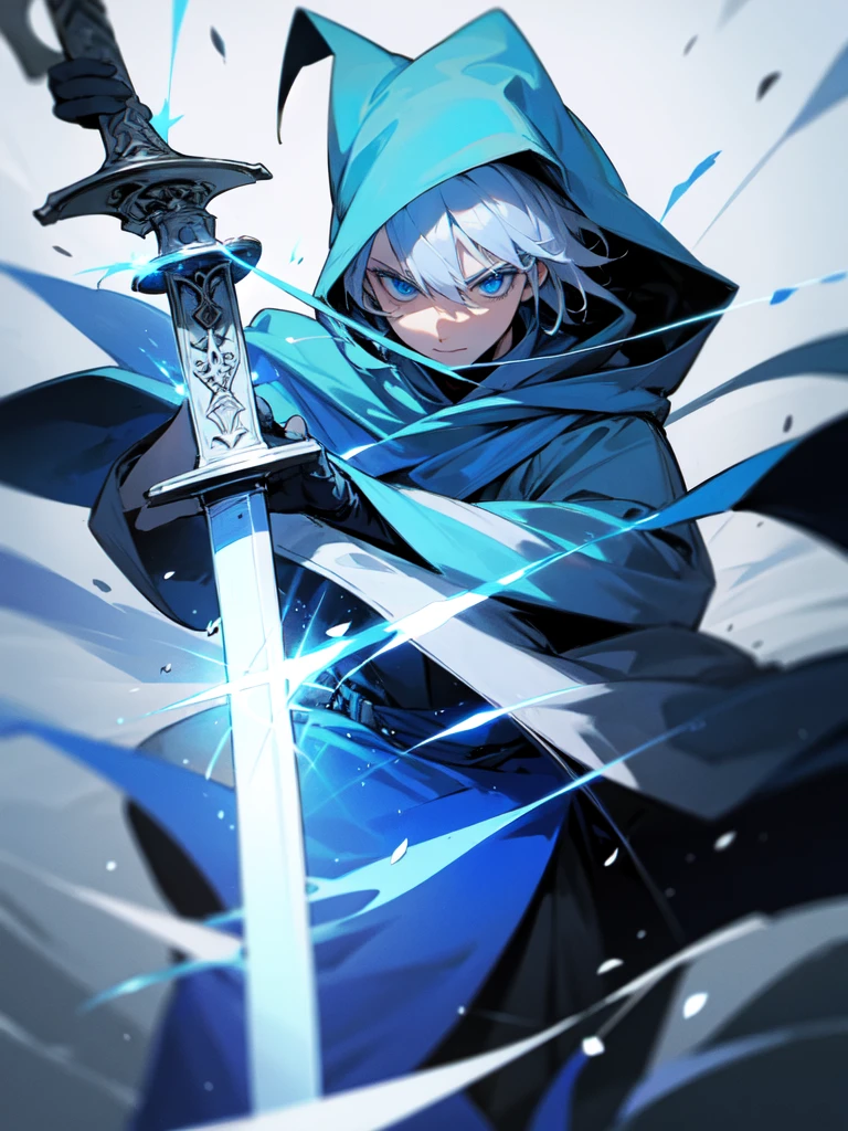 Wizard man, he has a silver hair and blue eyes, he wear a hood and wear gloves , hold sword with hand.