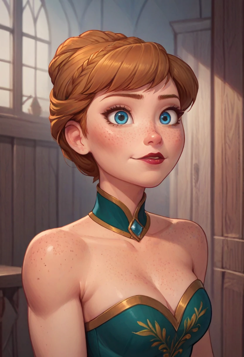 ((masterpiece, best quality)), Disney reference, (Anna), Anna grins, lipstick, freckles on face, upper body: bare shoulders, skinny 