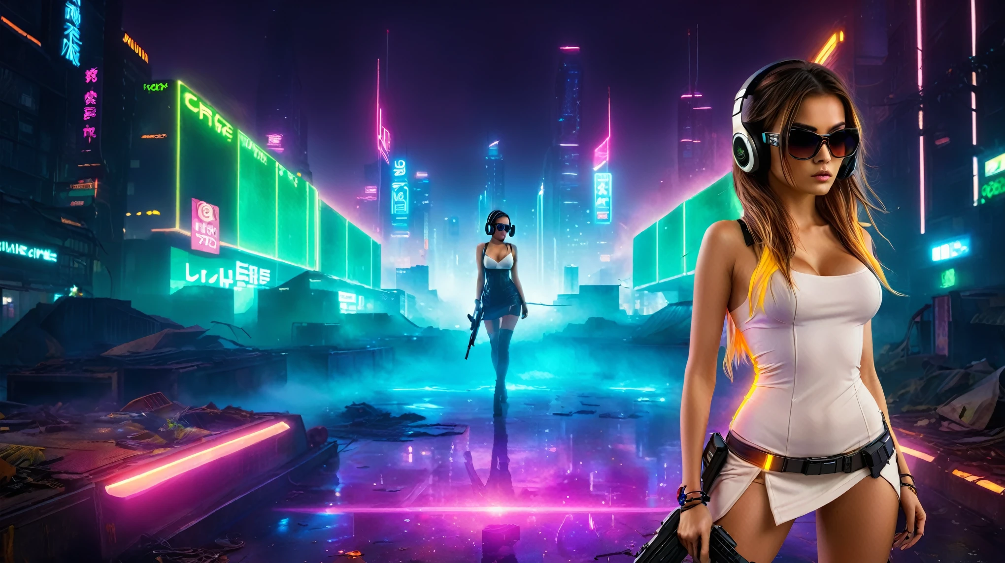 dark futuristic landscape, at night, neon lights, Atmospheric fog, large buildings in the background, futuristic city, streets with open shops, skyscraper (postapocalyptic city:1.3). (((1girl, solo, alone))), large-breast:1.2 slim body, cleavage:1.1, sexy miniskirt, (((headphone, black sunglasses, standing and holding pistol pose))), (((half-body thigh level medium shot))), cinematic lighting, lens flare, ray tracing.