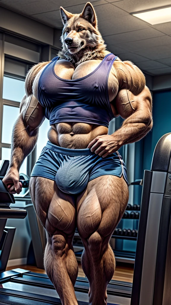 Wolf, muscular, handsome, sprinting on treadmill, gym, tall, giant, (((big pecs:1.3))), (((big bulge:1.3))), (((narrow waist:1.2))), (((wide hips:1.2))), (((thick thigh:1.2))), (((wide thigh:1.2))), ((tank top and shorts)), (((realistic)))