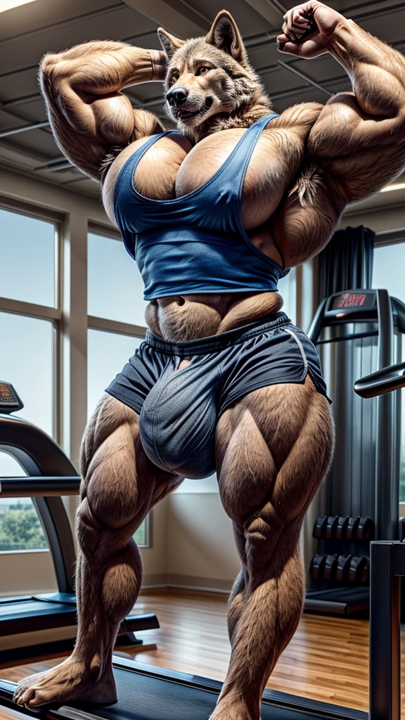 Wolf, muscular, handsome, sprinting on treadmill, gym, tall, giant, (((big pecs:1.3))), (((big bulge:1.3))), (((narrow waist:1.2))), (((wide hips:1.2))), (((thick thigh:1.2))), (((wide thigh:1.2))), ((tank top and shorts)), (((realistic)))