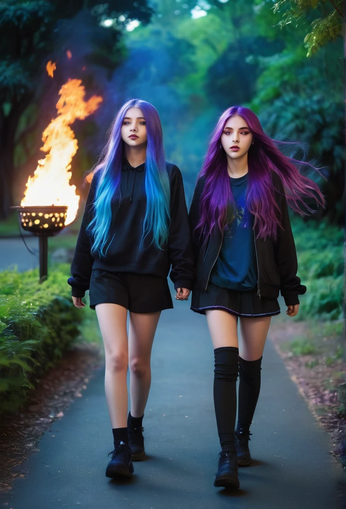 Two girls,long purple hairs,
Teenage, walking while lol 
Beautiful greenery in background,
Lighting in eyes.
Fire like ora, blue lighting.
Dark black colors clothes full body in thick clothes.
