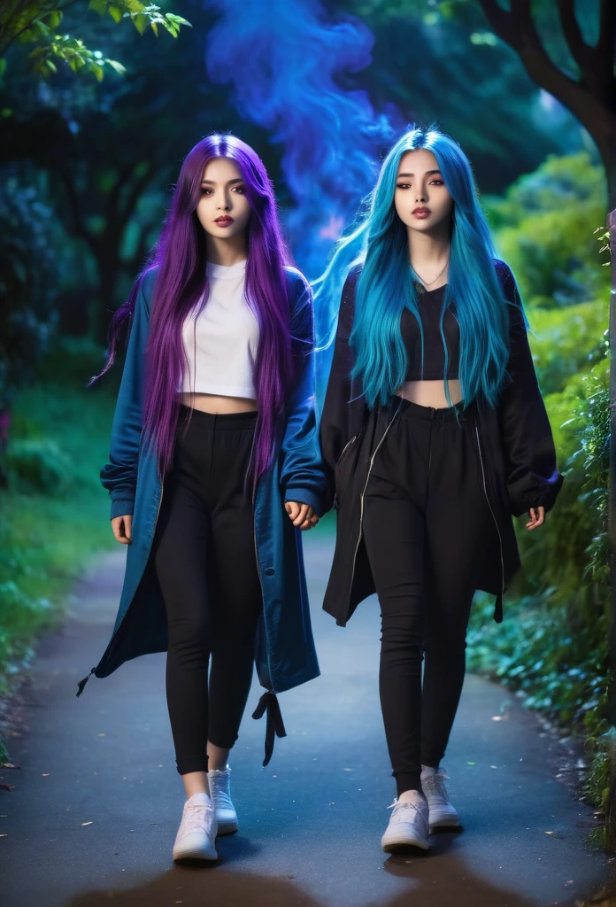 Two girls,long purple hairs,
Teenage, walking while lol
Beautiful greenery in background,
Lighting in eyes.
Fire like ora, blue lighting.
Dark black colors clothes full body in thick clothes.
