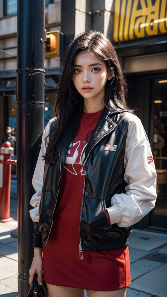 serious teenage girl with short messy black hair, white eyes, a scar on one eye, tanned skin, dressed in stylish red and black clothes, attractive body, dark and cold expression, detailed portrait, 8k, photographic (best quality) . ,4k,8k,high resolution,masterpiece:1.2),ultra detailed,(realistic,photorealistic,photorealistic:1.37),vivid colors,sharp focus,physically based rendering,extreme details,professional