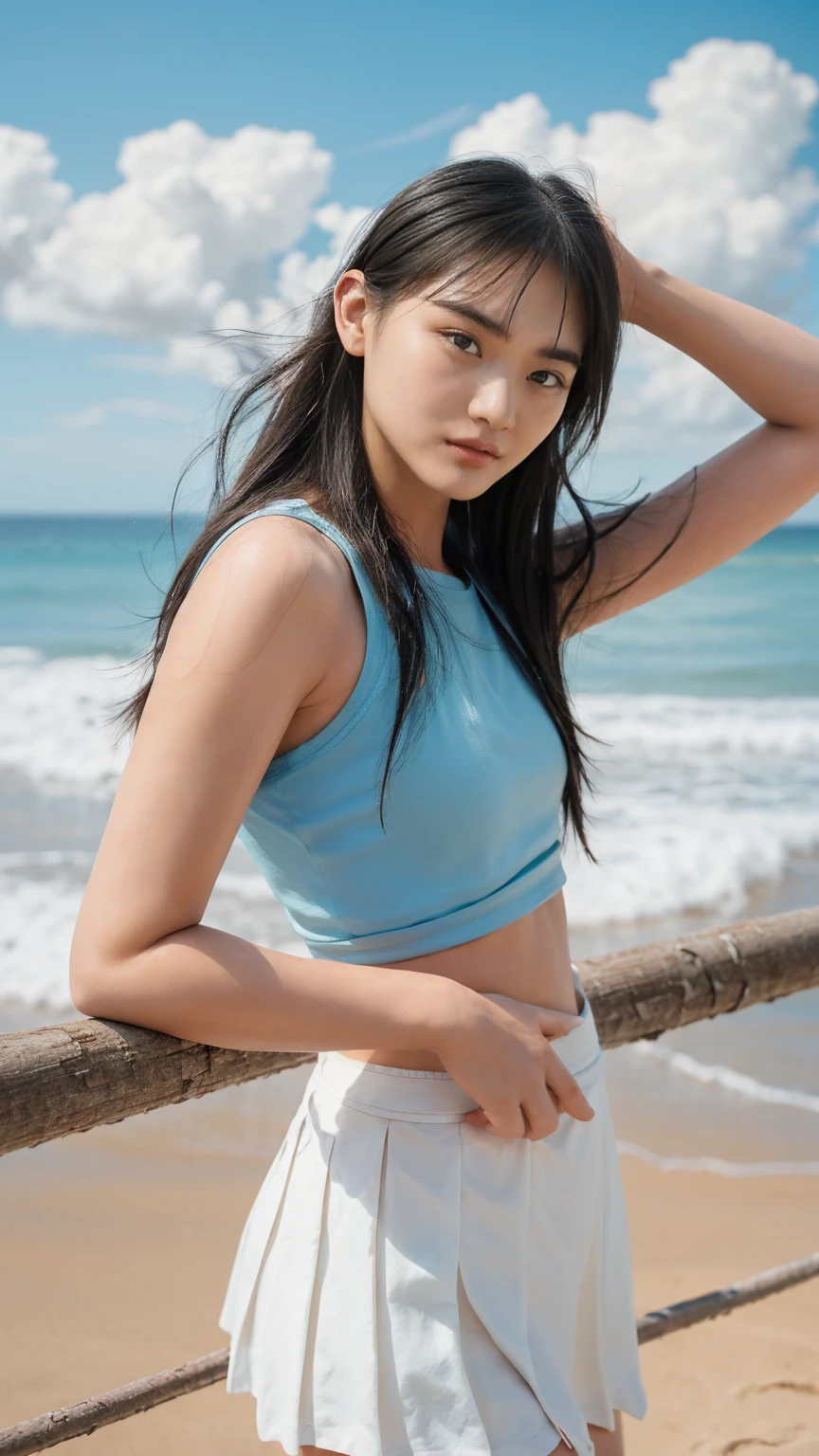 (((Top-down configuration:1.33)))、((No underwear:1.55))、(((A strong wind is blowing、Her hair and skirt are flying、Stand with your feet apart, A loose-fitting tank top:1.68、Pleated skirt)))、One Girl、Beautiful and detailed eyes and face、barefoot、20 year old cute Japan woman, ((Extremely precise and accurate anatomy:1.0)), (photo Realistic:1.4), (hyper Realistic:1.4), (最高品質のRealisticな肌の質感:1.4), (Improvement of quality:1.4), (Enhances the beauty of skin texture:1.1), Clean and glowing skin, mesh, thin:1.2, (Realistic:1.3), Realisticなライティング, (Smoother lighting:1.05), (Improving the quality of cinema lighting:0.9), Backlight, A gentle light on your face, Ray Tracing, (Bright light:1.2), 32k, One Japanese woman, fine grain, Detailed face, (Film Grain:1.1),(Accentuates body lines:1.1), High resolution, Natural look, Kind eyes, Improves hair quality, Delicate light and shadow, Transparent muscles, Graceful pose, Beautiful Eyes, Sharp details, Soft light reflection, Beautiful contours, Delicate skin tone, Fine hair texture, Natural background, sunny day、Beach、splash、Sandy Beach、Light of the sun、clear blue sea、The waves crash quietly、Blue sky and white clouds、green mountain々、Beautiful Nature、The joys of youth

