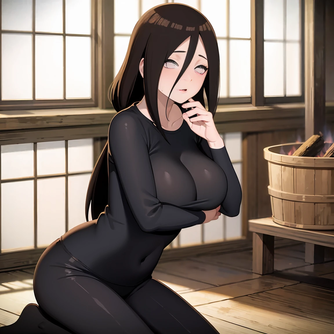 masterpiece, Very detailed, best quality, Ultra-high resolution, 1 Girl, Solitary, (Snow outside the window,exist(bamboo basket)by the fire,Sweating,blush),(中等breast), breast, (Hana and Hinata:1), (Yoga Clothes,Kneeling), cleveage, From the front,sit,exist沙发上,black eyes,White eyes