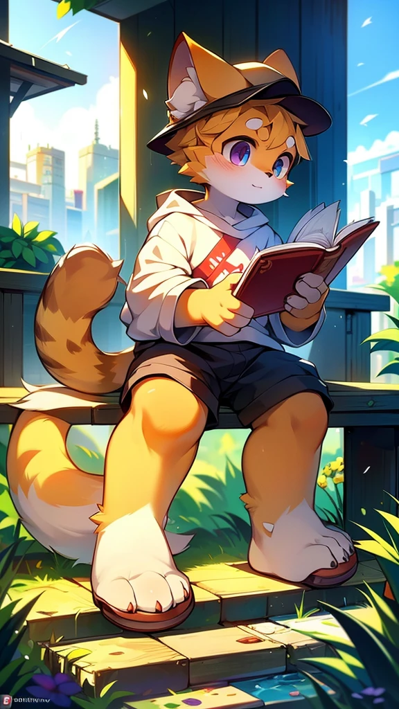 A cartoon style painting,The painting shows a kitten wearing a hat sitting on a bench,Reading,Wearing stylish fursona, Cat girl, Cute cat, Anthropomorphic cats, Hot topics on artstation pixiv, Full body high-grade white, High-quality anime art style, High resolution cargo, Anthropomorphic cats, High Quality Fan Art, Anthropomorphic cyberpunk kitten:tall and big,
