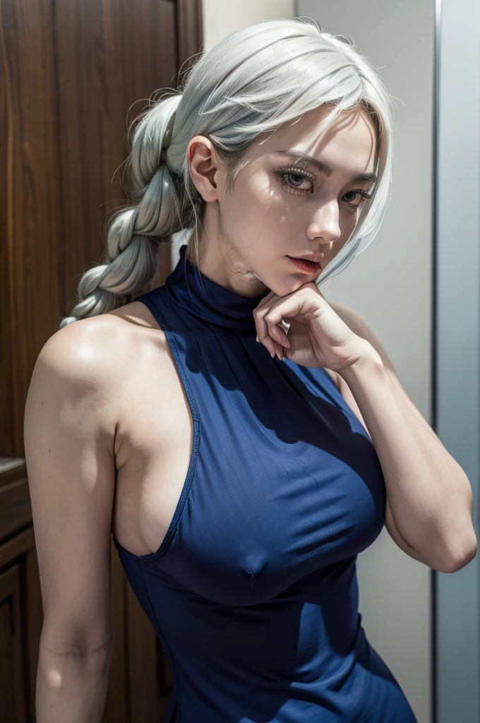 Mei mei from jujutsu kaisen, realistic, age 25, pure white skin, black pupils, white long front side braided hair, sidelocks, pony tail, perfect face, perfect shape body, large breasts, blue dress, posing to viewer.