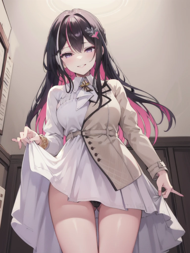 azki_(hololive), 1girl, solo, multicolored hair, pink hair, purple eyes, black hair, hair between eyes, white dress, brown dress, brown jacket, jewelry, long sleeves, x hair ornament, bangs, bracelet, long hair, streaked hair, hairclip, large breasts,,,,(masterpiece),(best quality),(ultra-detailed),(best illustration),(best shadow),(absurdres),(very aesthetic),(detailed background),,in narrow bedroom,dim lighting,under lighting,,standing,aged up,(aged up:1.5),seductive smile,pucker lips,half closed eyes,skirt lift pov,from below, lifted by self,(skirt lift:1.5),holding skirt,showing black panties,