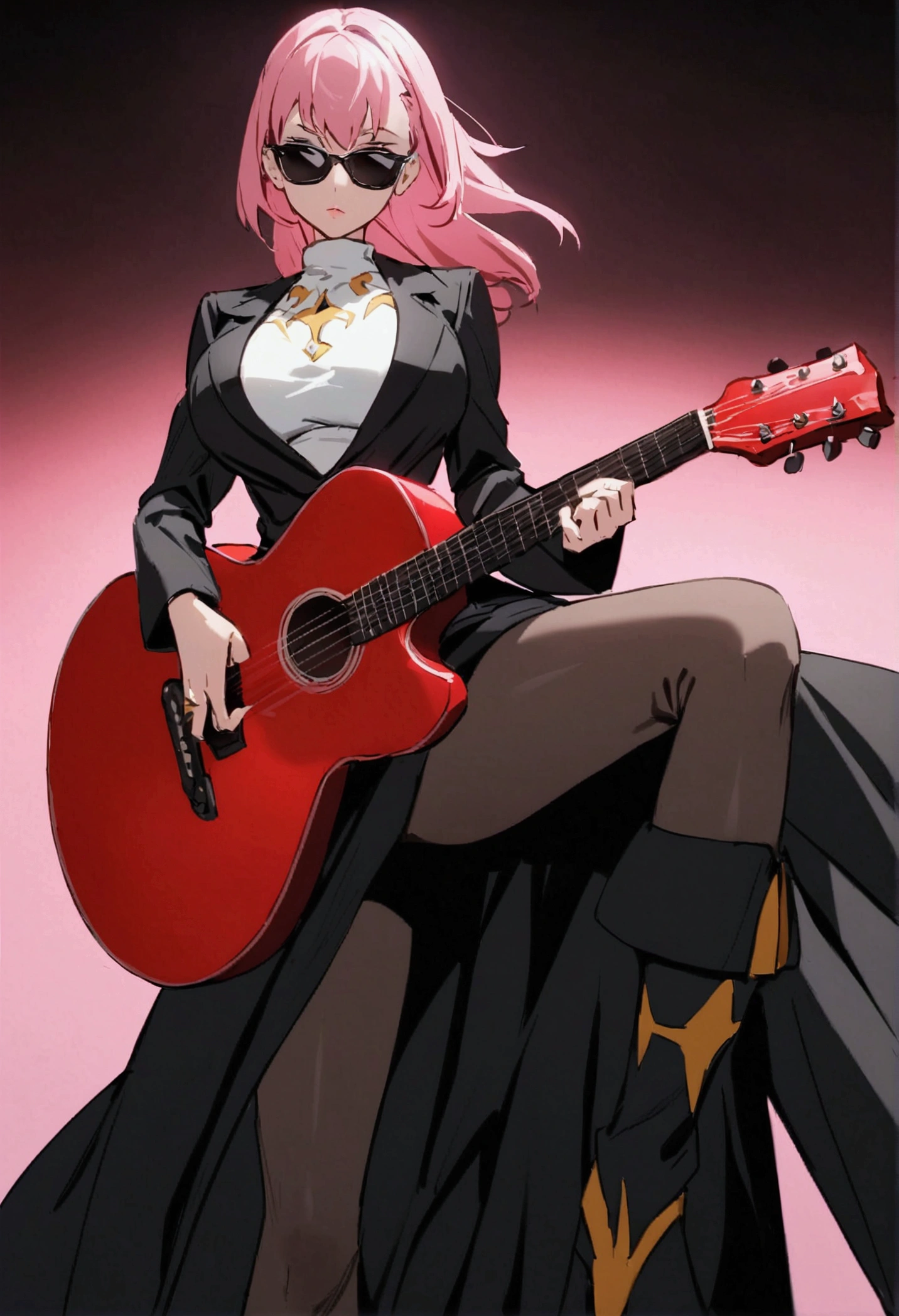 Long pink hair girl, tez morena, a black jacket, white turtleneck blouse and black skirt with long black boots and somewhat modern sunglasses with big boobies and a red guitar in her hand in the style of mahou shoujo ni akogarete as a villain