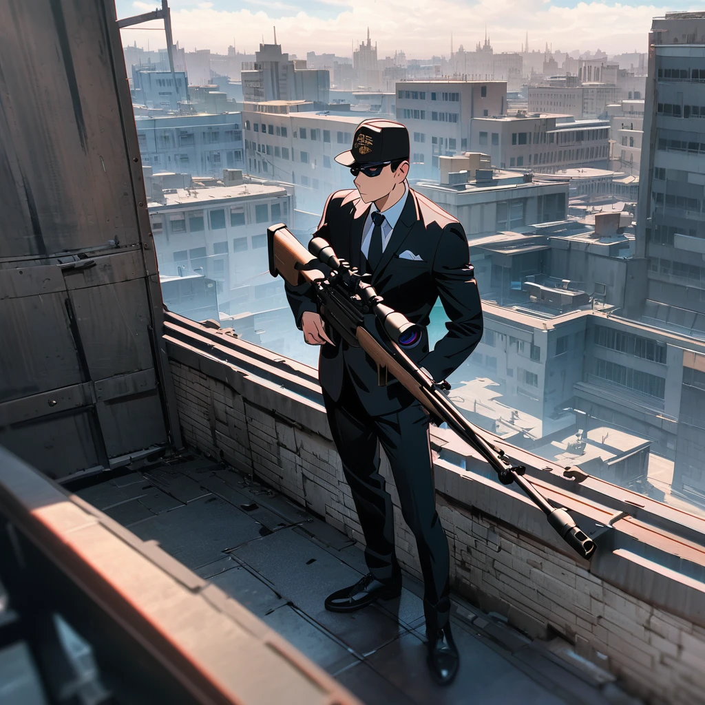 Masterpiece, ultra detailed, beautiful,Super Saturation, anime style, sniper, secret service, sniper rifle, black suit,AWM,Set up a sniper rifle from the rooftop,CS LR4 Precision Sniper System,look through the scope