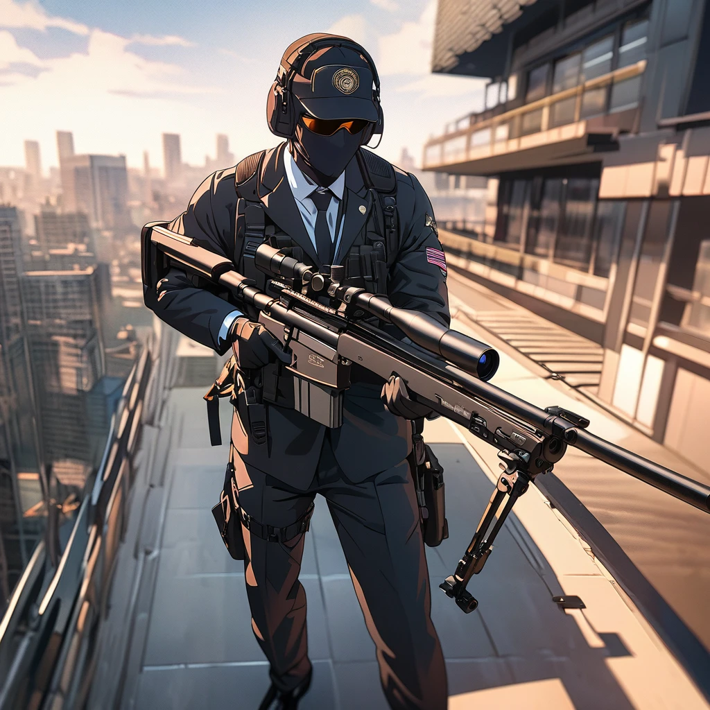 Masterpiece, ultra detailed, beautiful,Super Saturation, anime style, sniper, secret service, sniper rifle, black suit,AWM,Set up a sniper rifle from the rooftop,CS LR4 Precision Sniper System,look through the scope