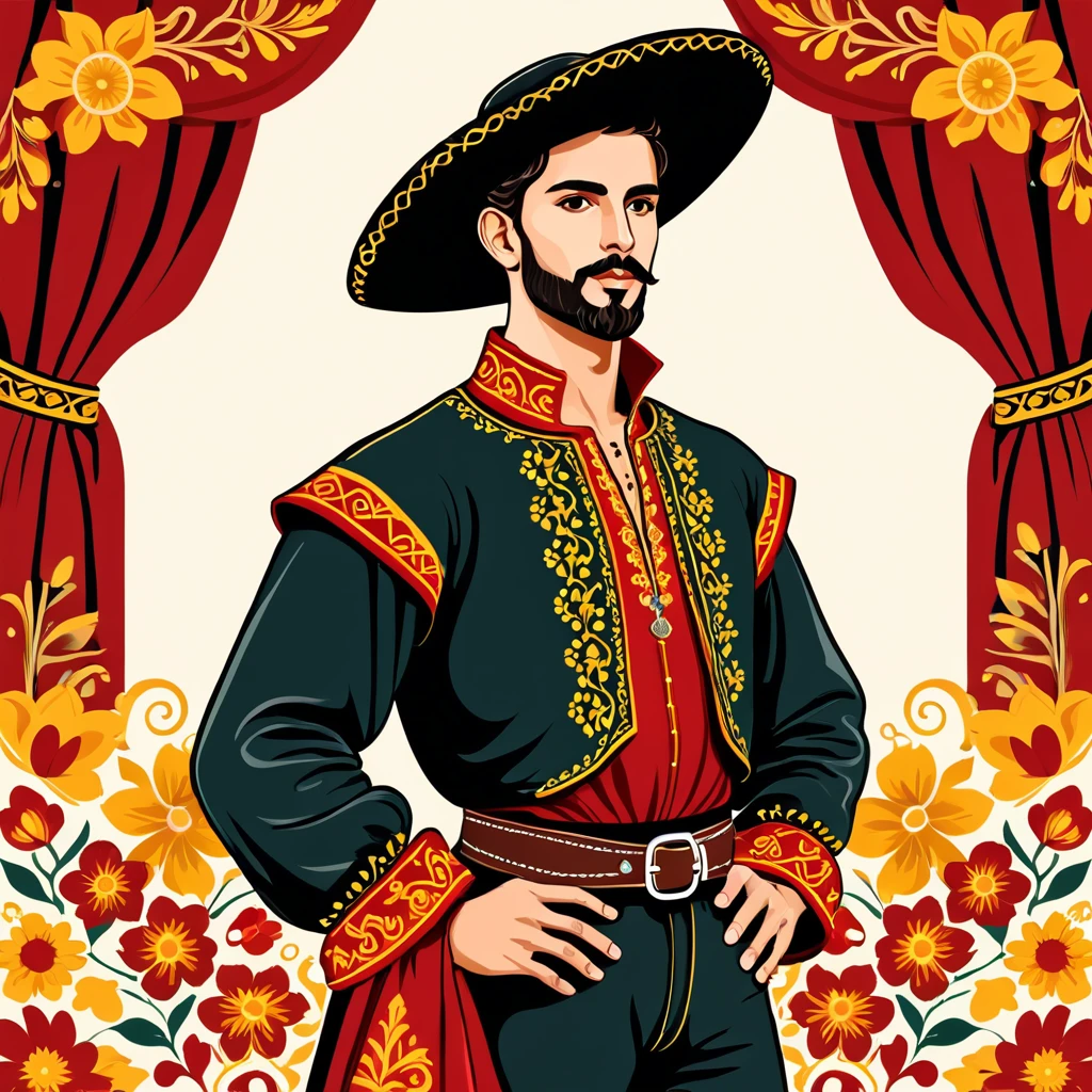 man in spanish  folk outfit, vector graphics, strong contours
