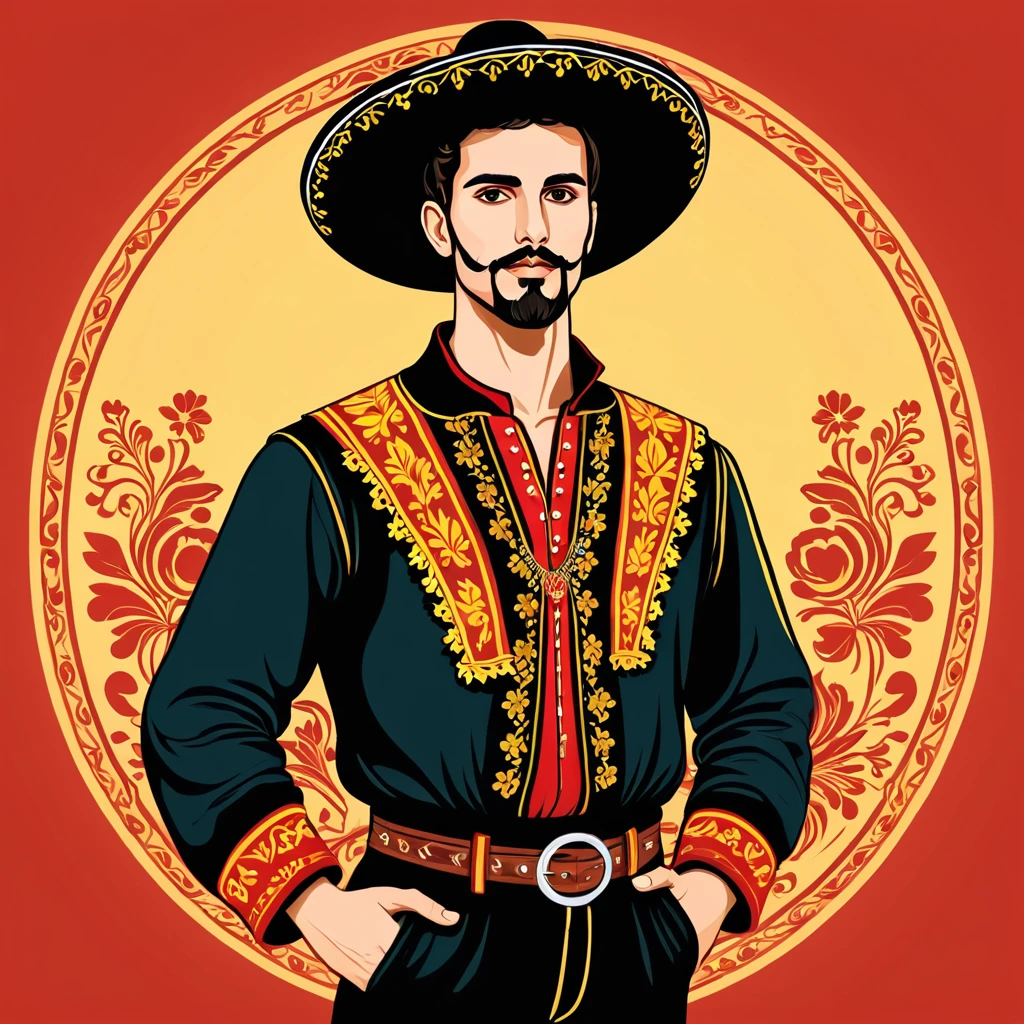 man in spanish folk outfit, vector graphics, strong contours
