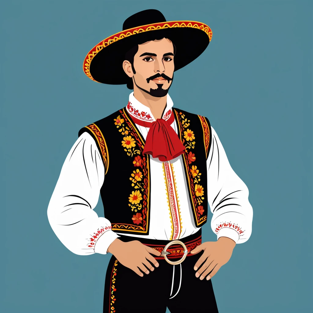 man in spanish folk outfit, vector graphics, strong contours