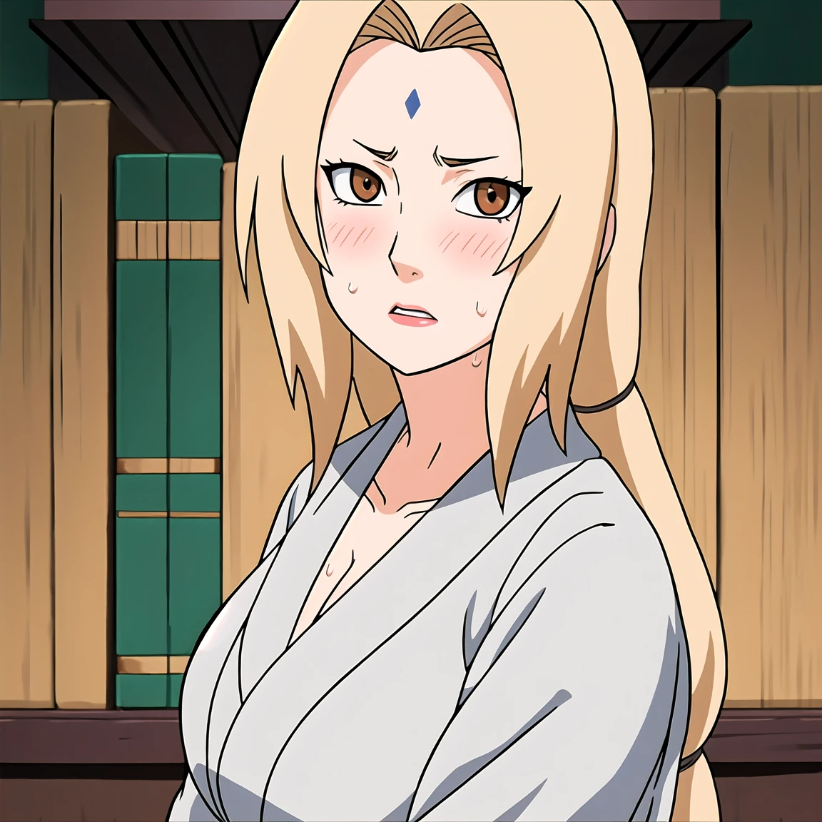 Tsunade , Brown eyes , Blonde Hair , Forehead Mark , (8K, RAW photos, best quality, masterpiece:1.2), (Intricate details), Perfect eyes, Perfect face, Perfect lighting, beautiful, (masterpiece:1.2), (best quality:1.2), 1 Girl, White shirt , Denim shorts ,  ,aldult，25 years old，（Vision（blush，nervous，Vision，classroom，bookshelf，Standing，））masterpiece， absurd ， （Intricate details）， （Colorful）， light， Extremely detailed CG unity 8k wallpaper ，1 Girl， solo，（shy，classroom，night，blush，nervous，Sweating，蕾丝dress， ），sweat，blush，blush1.5，Blush，Medium chest，（（dress，Black stockings，）），（dress，Standing，Uncomfortable expression，Mouth open，spit）